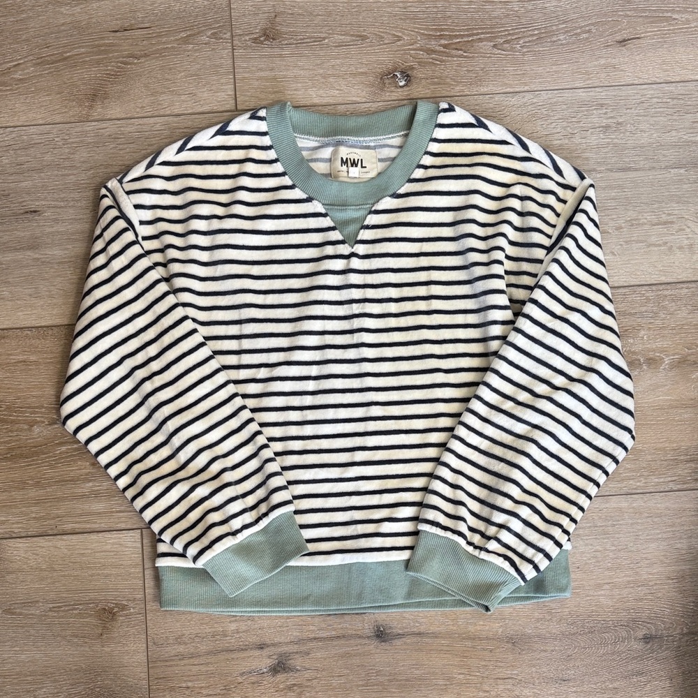Madewell Women's Crewneck Sweater - Black and Cream Stripes with Green Accents